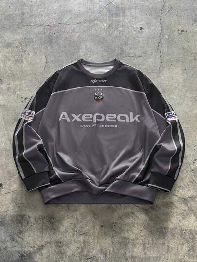 AXEPEAK Sudadera con estampado para hombres de talla grande, con parches deportivos con estilo, de tela con forro polar, con un ajuste holgado perfecto para otoño e invierno