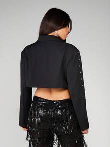 MISSGUIDED 短款水钻铆钉装饰纽扣前襟西装外套，宽翻领长袖，适合商务休闲办公场合穿着。 - 黑色 - 查看 2
