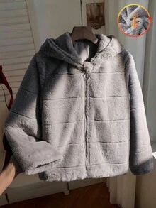 适合青少年女孩的超大号连帽人造毛皮饰边外套，休闲时尚，宽松舒适，适合秋季、冬季、日常穿着、通勤、户外活动、聚会、拍照等场合。 - 灰色 - 查看 3