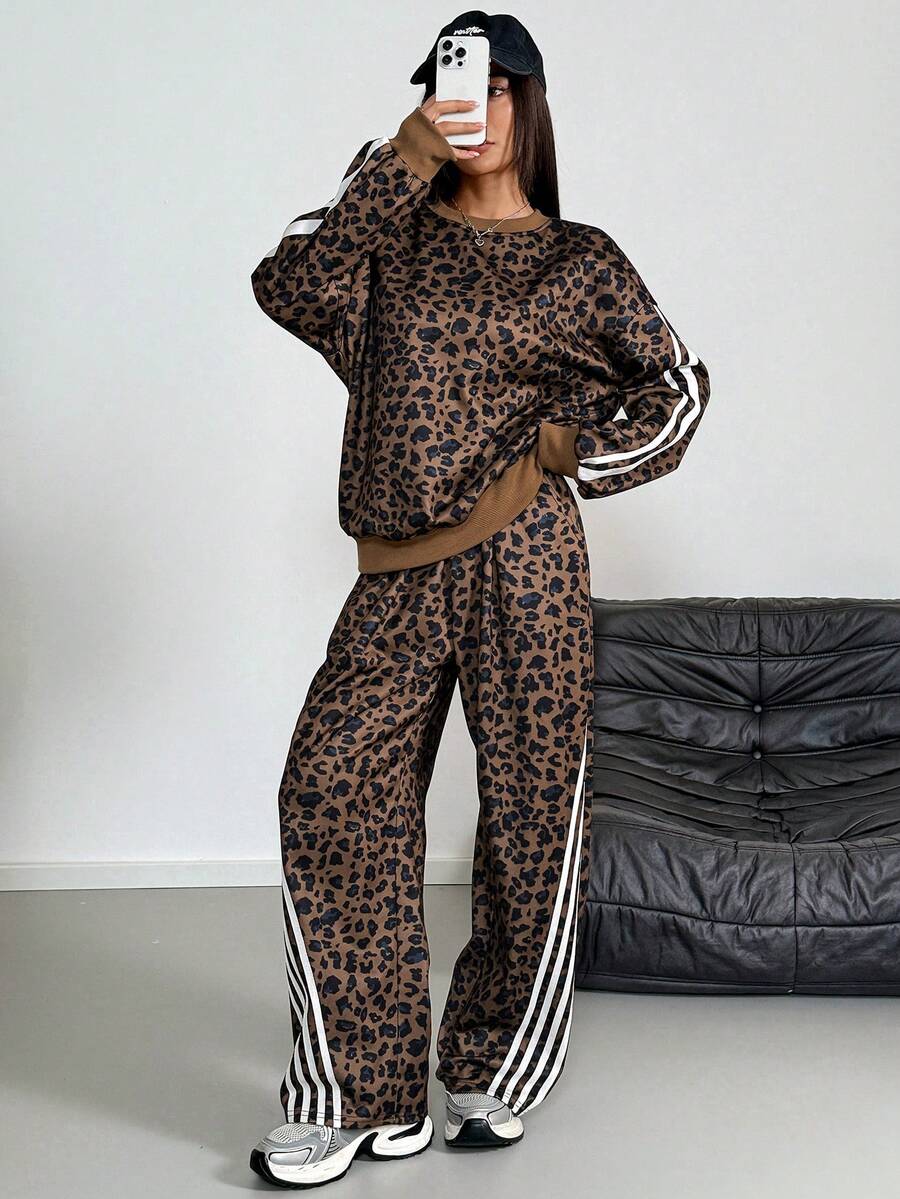 2pcs Set Contrast Color Striped Fleece Hoodie Sweatshirt, Fashionable Street Style Leopard Print - Multicolor - View 1