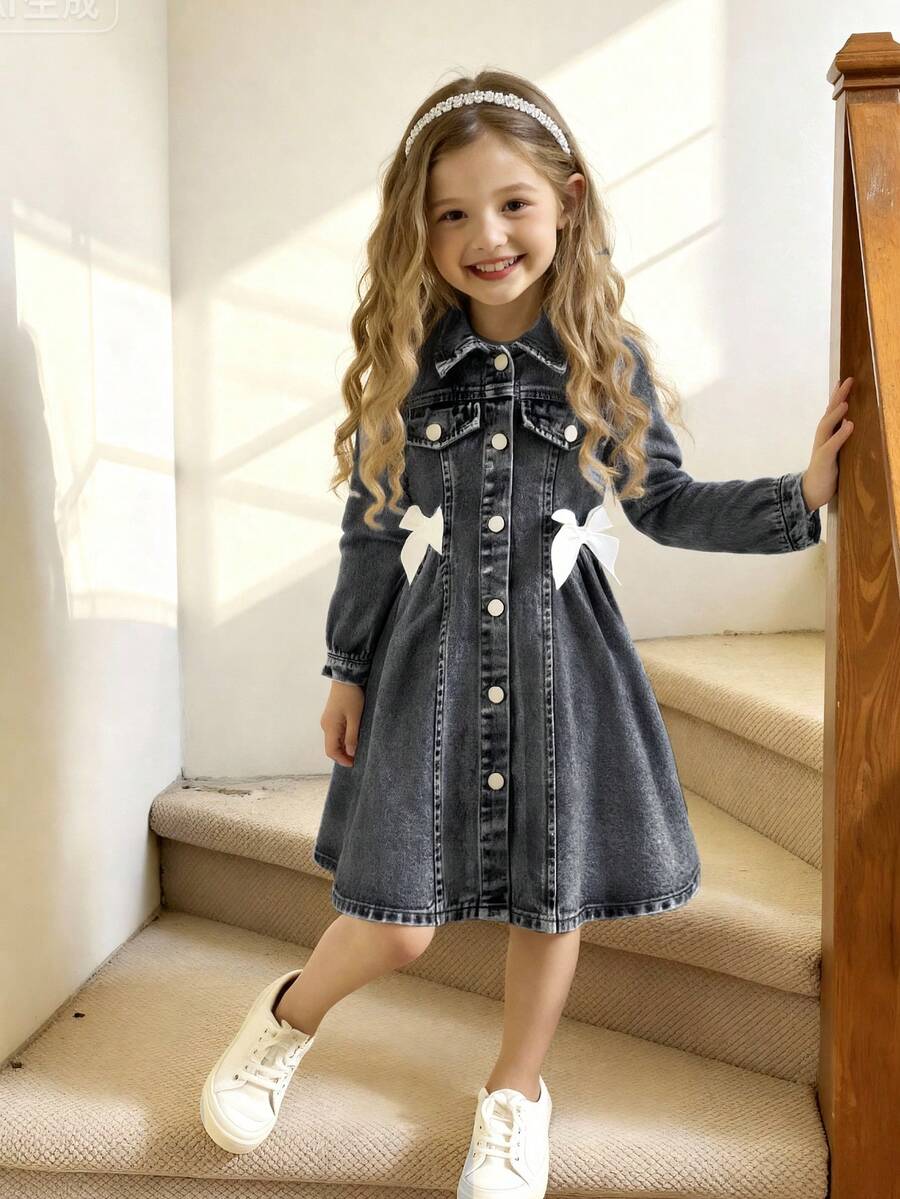 Elladie kids 女童牛仔长袖连衣裙,甜美可爱,休闲度假风,学院风推荐。浅蓝色水洗牛仔布,正面饰有手工白色蝴蝶结,领口设计,修身剪裁,泡泡袖,甜美俏皮,适合日常穿着、海滩度假漫步或与朋友聚会,打造日常学院风,让您的宝贝在人群中脱颖而出,是春秋季必备单品。 - 黑色 - 查看 1