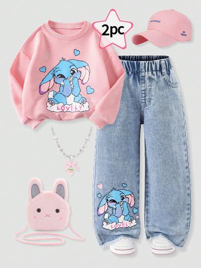 SHEIN ChillGRL Girls' Light Pink Long Sleeve Sweatshirt Blue Rabbit Heart Print,Straight Leg Jeans,Fall School 7th Birthday Matching Mommy Daughter Back-To-School
