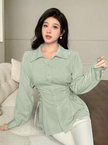 Modelyn Elegant Commuter Solid Color Cross-Tie Waist Fashionable Blouse - Green - View 6