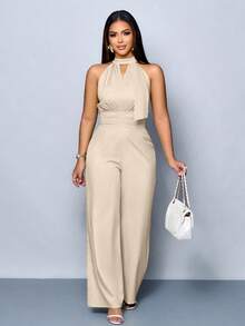 SOLERSUN Women Solid Color Ruched Sleeveless Wide Leg Elegant Jumpsuit With Hollow Out Design - Apricot - View 5
