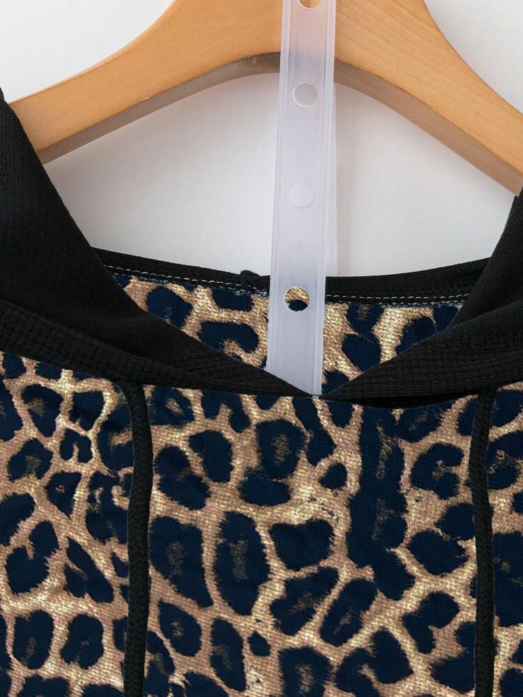 EMERY ROSE Sudadera con capucha de mujer talla grande con estampado de leopardo y parches de color contrastante, adecuada para uso diario, ir al trabajo y actividades al aire libre - Multicolor - Añade 5