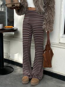 SHEIN EZwear Brown Striped Pattern Casual Versatile Flare Leg Knit Pants, Casual For Women, Autumn - Brown - View 6