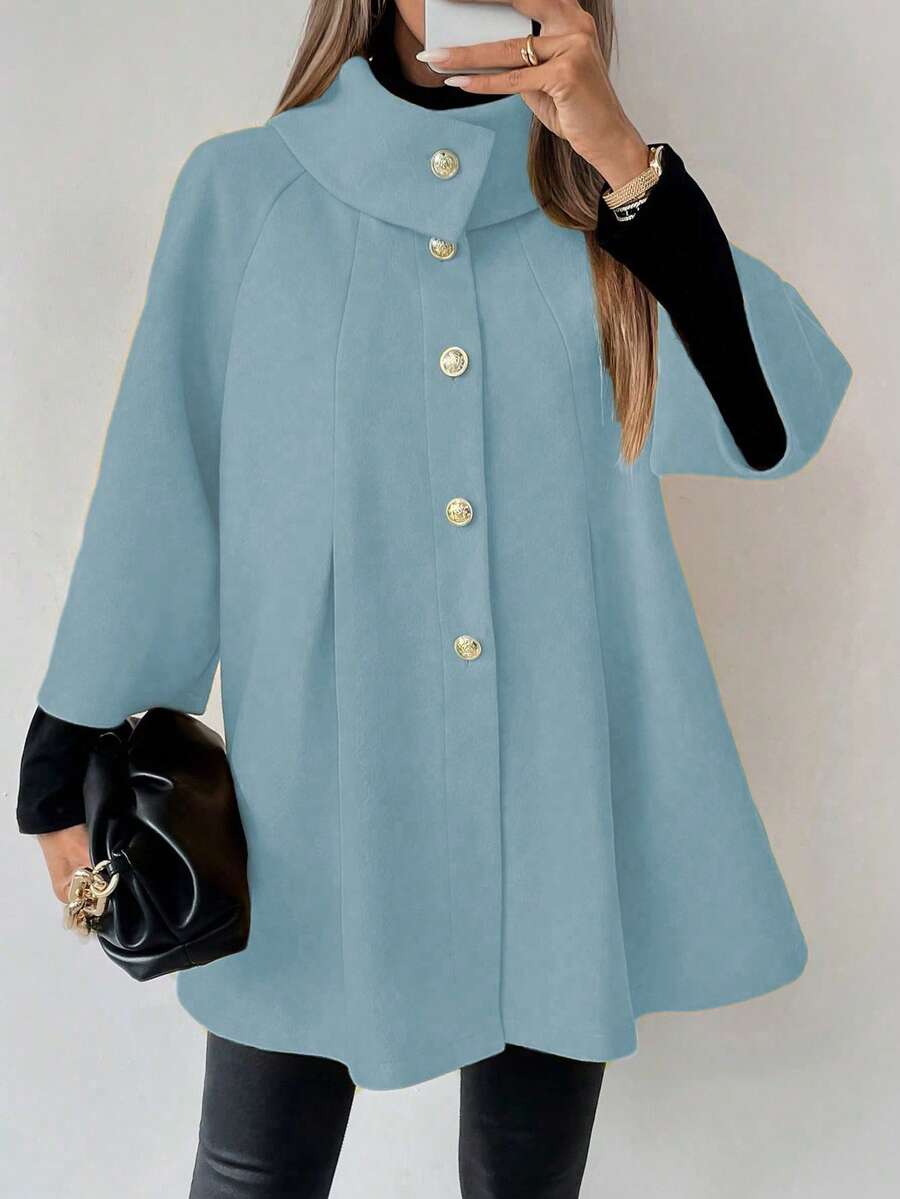 SHEIN LUNE Women's Solid Color Wool Blend Coat, Fashionable For Commuting, Autumn/Winter - Baby Blue - View 1