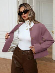 Aveloria Modichic Minimalist Elegant Commuter Short Round Neck Loose Big Pocket Metal Decor Button Wool Blend Jacket