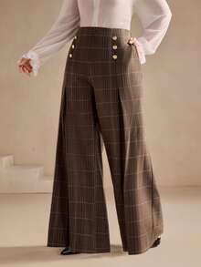 Anewsta Calça xadrez clássica e elegante para mulheres plus size, com fivela metálica, ideal para o ambiente de trabalho. - Castanho Café - Ver 3