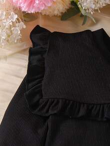 SHEIN Elladie kids 女童可爱黑色罗纹长袖上衣搭配蝴蝶结装饰开衩裙，秋冬T恤套装 - 粉色 - 查看 6