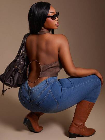 SHEIN SXY Plus Size Women's Sexy Streetwear Metal Ring Open Back Zipper Crop Top, Distressed PU Fabric, Suitable For Streetwear, Party, Going Out, Rave, Hip Hop