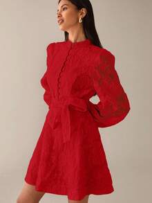 Lilora 优雅甜美提花质感优质立领收腰大A字前开襟纽扣泡泡灯笼袖短款女式连衣裙，春夏奶油色连衣裙，维多利亚复古风连衣裙，法式风连衣裙，象牙色连衣裙，都市风连衣裙