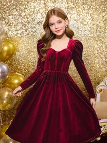SHEIN Tween Girl Burgundy Casual Everyday Velvet Bow Decor Sweetheart Collar Puff Sleeve Cinched Waist Dress, Girls Red Long Dress,  Birthday Party, French Princess Style, Mother And Daughter Matching Clothes, Long-Sleeved Dress, Winter Dress Velvet Dress For Girls Dresses For 11 Years Old Red Tween Long Burgundy Dresses Teen Girls Elegant Long Sleeve Dresses