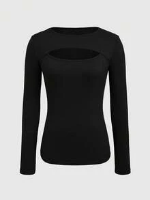 EMERY ROSE Women's Casual Basic Solid Color Hollow Out Long Sleeve T-Shirt - Multicolor - View 3