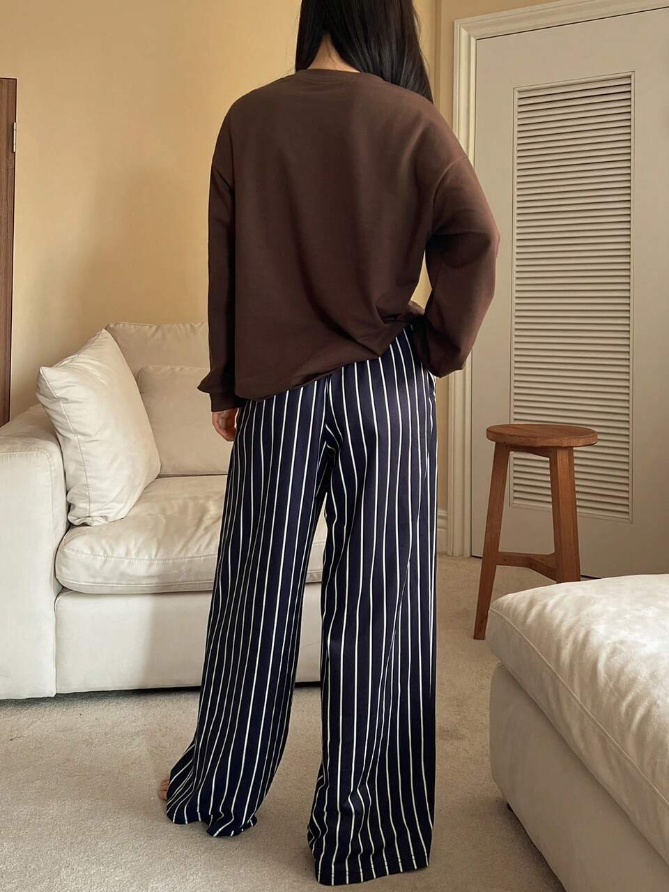 Women's Cartoon Print Sweatshirt Top And Striped Loose Pajama Pants Set, Autumn/Winter