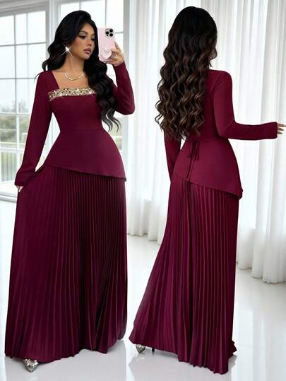 Rafferiza Women's Square-Neck Dress With Gold Thread Webbing, A Cinched Waist, An Irregular Hem And A Large Pleated Hem, Surrounded By A Wine Red Or Purplish Red Dress, A Party Dress For Evening Wear, And An Outdoor Outfit,Fashionable And Elegant, It Is Suitable For Daily Wear, Weddings, Banquets, Daily Commutes, Graduation Parties, Festival Events, Vacations, Dates, Parties, Halloween, Christmas, New Year And Thanksgiving