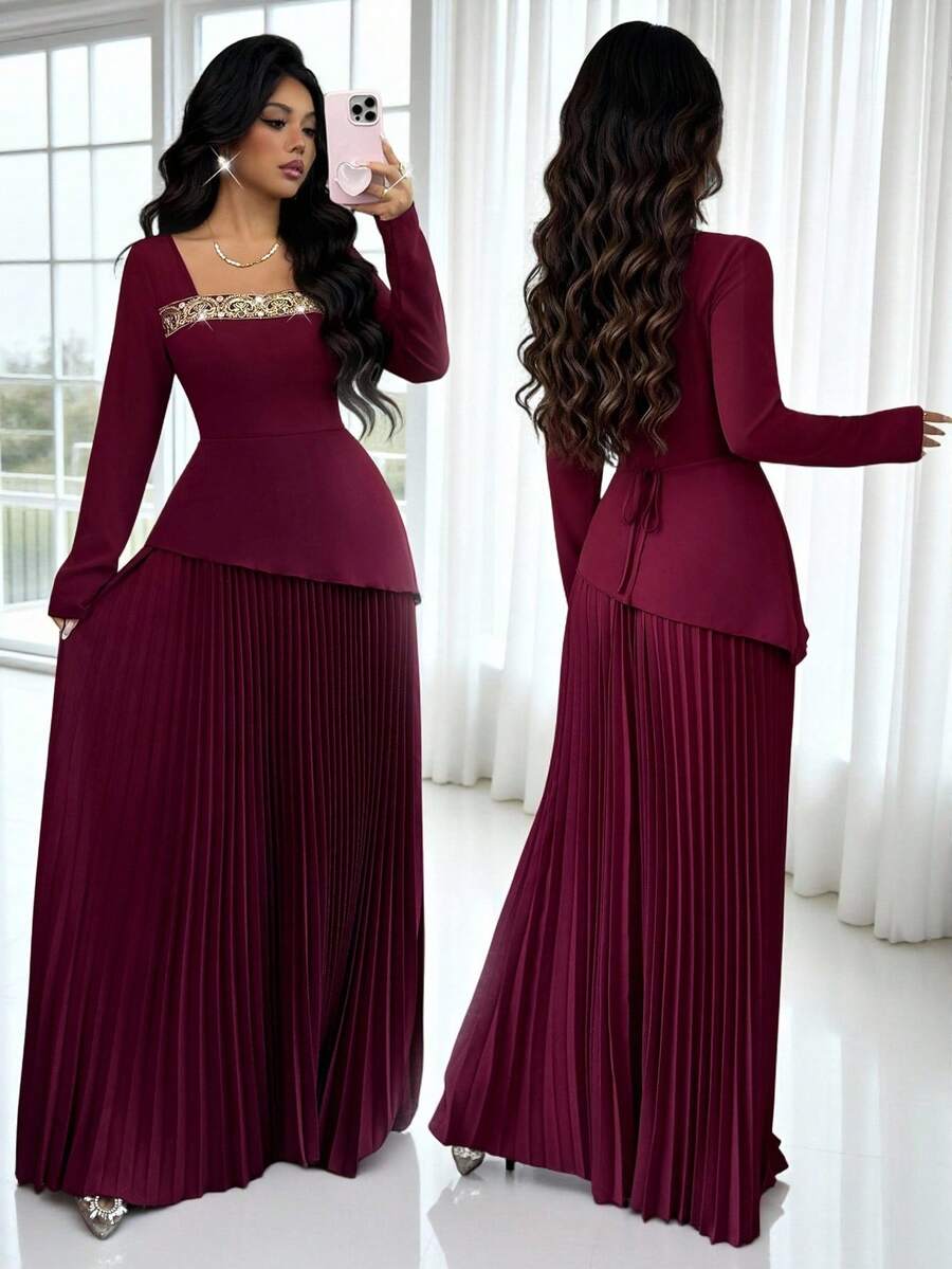 Rafferiza Váy cổ vuông dành cho nữ với dây đai vàng, eo bó, viền không đều và viền xếp ly lớn, xung quanh là váy màu đỏ rượu hoặc đỏ tía, váy dự tiệc cho trang phục buổi tối và trang phục ngoài trời, thời trang và thanh lịch, phù hợp để mặc hàng ngày, đám cưới, tiệc chiêu đãi, đi làm hàng ngày, tiệc tốt nghiệp, sự kiện lễ hội, kỳ nghỉ, hẹn hò, tiệc tùng, Halloween, Giáng sinh, năm mới và lễ tạ ơn