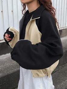 FRIFUL Women's Contrast Color Short Zip Up Loose Fit Jacket, Long Sleeve - Apricot - View 6