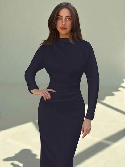 Aloruh New Solid Color Versatile Elegant Intellectual Minimalist Office Commute Ruched Decor Loose Top Tight Skirt Maxi Long Sleeve Midi Dress