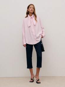 Nöista Elegant Striped Blouse With A Statement Neck Bow And Button Front. For Festive Resort And Going Out Event Day, Spring Summer Looks. - Pink - View 1