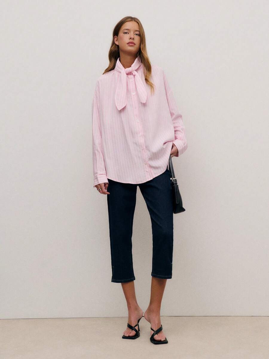 Nöista Elegant Striped Blouse With A Statement Neck Bow And Button Front. For Festive Resort And Going Out Event Day, Spring Summer Looks. - Pink - View 1