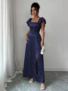 Elenzga Đầm dài nữ xuân hè cổ vuông, tay bèo nhún, thắt nơ eo sau lưng, xẻ tà trước, vải jacquard bóng màu xanh lá cây, đa năng khi đi làm, mặc hàng ngày, phù dâu, dạ hội, tốt nghiệp, thoải mái và hợp thời trang, giá trị cao - Màu xanh hải quân - Xem 6