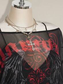 SHEIN ICON 大码 Y2K 复古朋克印花网纱透视宽肩开衩迷你连衣裙 - 黑色 - 查看 7