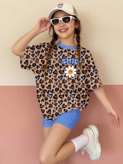 SHEIN Leap Crew Tween Girls Casual Minimalist Short Sleeve T-Shirt And Shorts 2 Pieces Set, Suitable For Summer