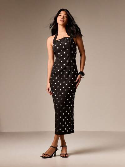 AiiRZ Vestido corset halter midi con lunares y tachuelas metálicas para eventos