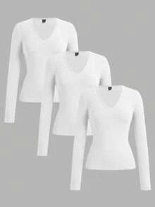 SHEIN EZwear Bộ 3 áo thun dài tay cơ bản cổ chữ V sâu ôm vừa vặn thường ngày dành cho nữ, thích hợp cho mùa thu/đông - trắng - Xem 10