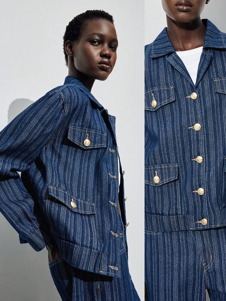 SHEIN Maija Retro Striped Denim Jacket For Women, New Autumn And Winter Style, High-Quality Texture, Blue Casual Top, Perfect For Autumn And Winter Outfits. Gold Metal Buckle .Old Money Style
