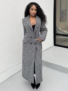 Alexandranx Women's Herringbone Pattern Lapel Collar Long Sleeve Long Overcoat, Autumn/Winter - Grey - View 6