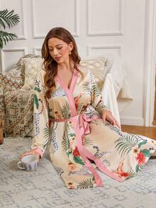 Serenescape Tropical Print Plus Size Long Satin Robe, Winter