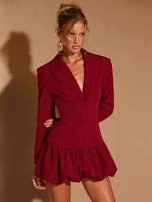 COSMINA Women's Elegant Deep V-Neck Padded Shoulder Cinched Waist Peplum Hem Mini Dress, Suitable For Parties And Gatherings, All Season