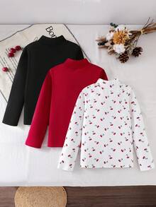 Genkimix Kids Set de 3 camisetas de manga larga con cuello alto acanalado para niñas preadolescentes, tops versátiles para otoño/invierno - Multicolor - Ver 2