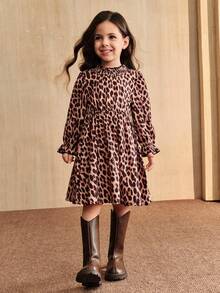 SHEIN Young Women's Leopard & Floral Print Puff Sleeve Waist Cinched Loose Mid-Length A-Line Casual Dress, Spring/Autumn - Multicolor - View 1