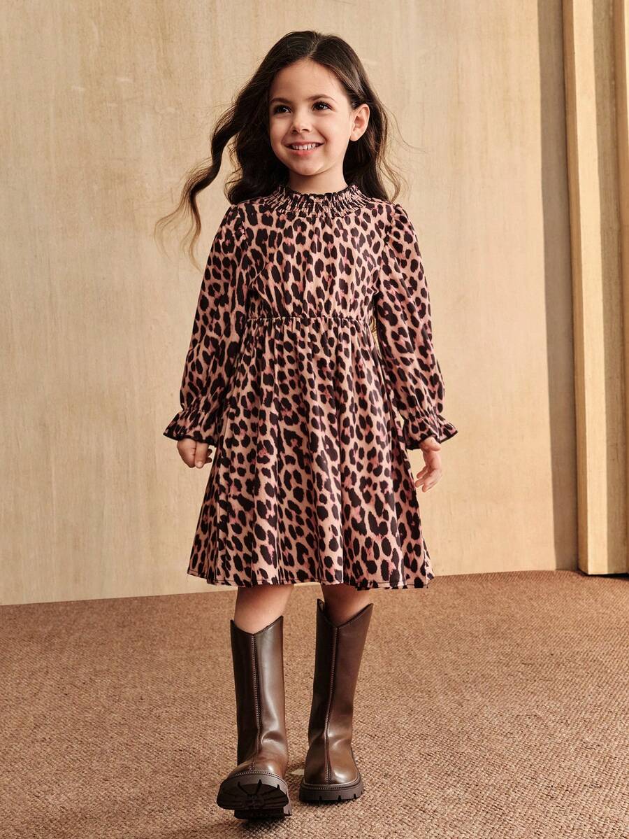 SHEIN Young Women's Leopard & Floral Print Puff Sleeve Waist Cinched Loose Mid-Length A-Line Casual Dress, Spring/Autumn - Multicolor - View 1