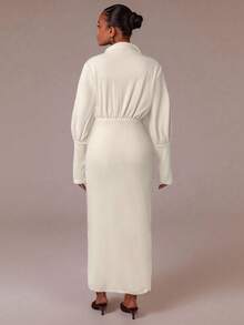 Athîral Women's Elegant Solid Color Dress With Stand Collar - White - View 2