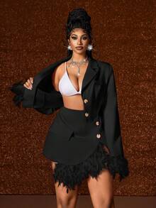 Maweii 2pcs/Set Fashionable Pink Patchwork Faux Fur Blazer Jacket And Mini Skirt Suit - Black - View 7