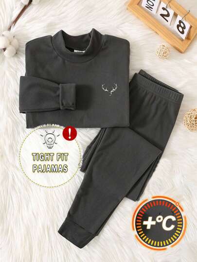 2 件套青少年男孩休闲刺绣圆领长袖 T 恤和紧身裤睡衣套装，百搭基本款，适合居家、通勤、上学、日常休闲、度假、户外、派对、秋冬