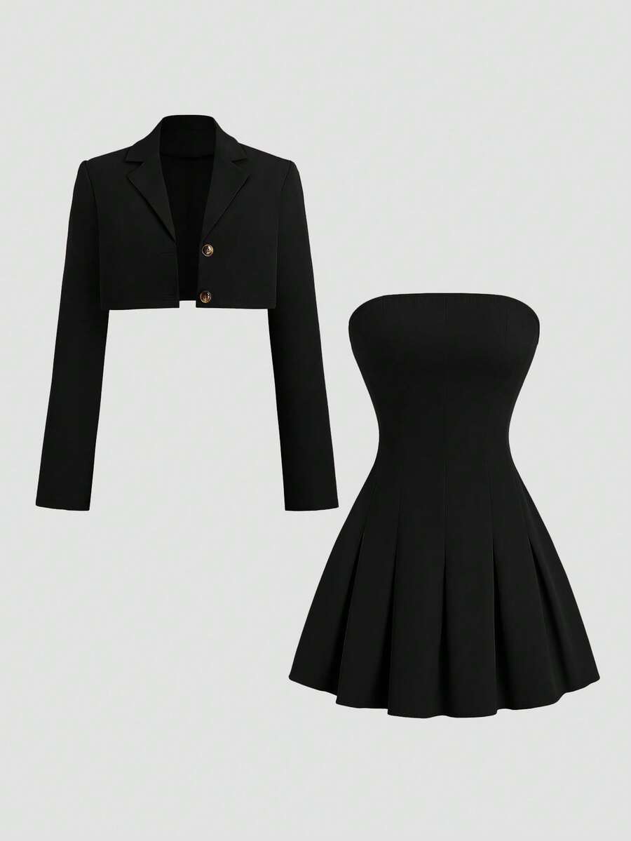 Sweetra 复古英伦风褶裥连衣裙及休闲西装套装，显瘦设计，适合初秋穿着 - 黑色 - 查看 1