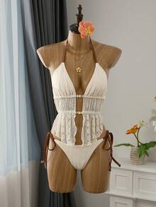 Bellisia 女式花卉蕾丝网眼串珠吊带背心泳衣套装，搭配撞色抽绳下装，适合春夏季度假 - 杏色 - 查看 6