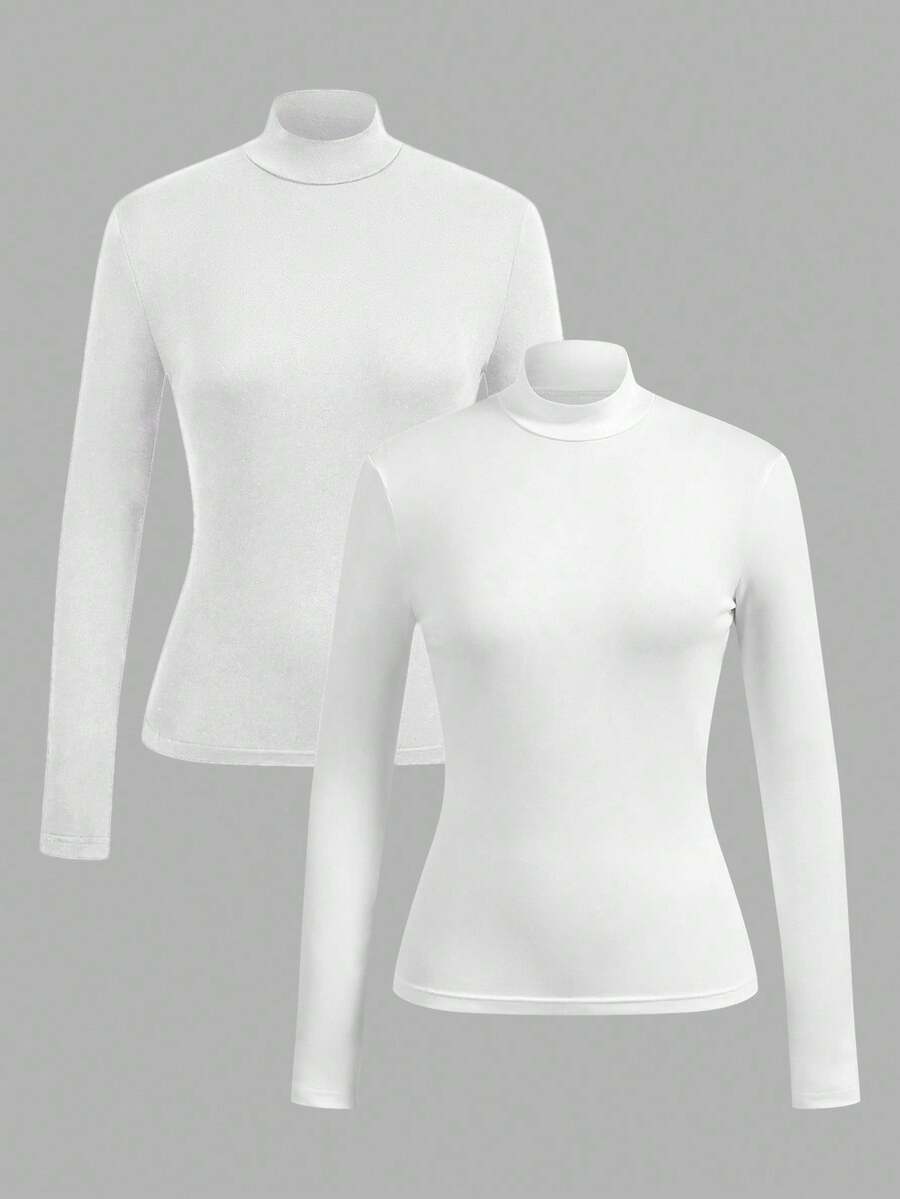 SHEIN EZwear 2件套女士白色高领紧身长袖打底T恤套装,秋冬季 - 白色 - 查看 1