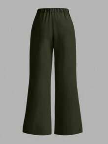 SHEIN PETITE CURVE 大码女士纯色拉链前开襟喇叭裤优雅办公裤 - 墨綠色 - 查看 2