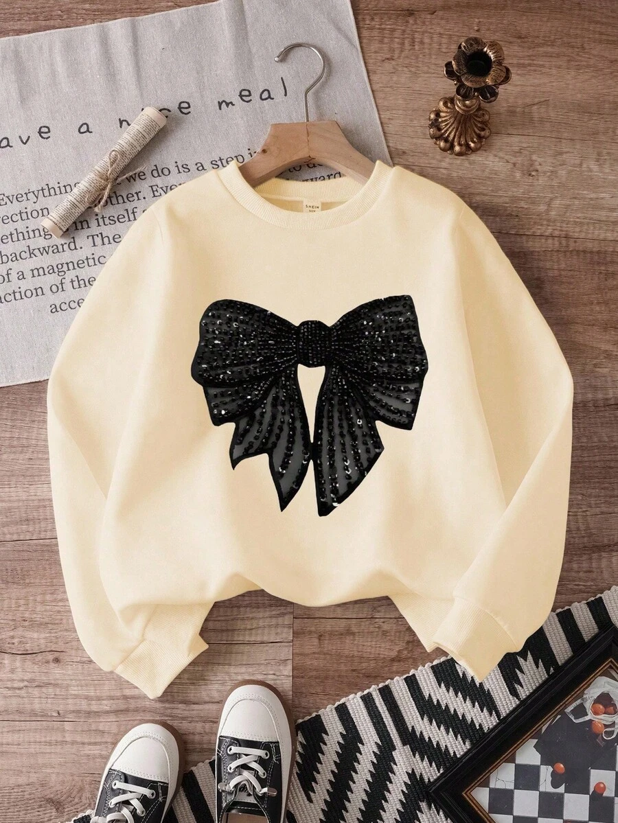 Tween Girls' Casual Fashion Comfortable Minimalist Versatile Bow Graphic Crew Neck All-Match Long Sleeve Sweatshirt, Autumn/Winter - Apricot - View 1
