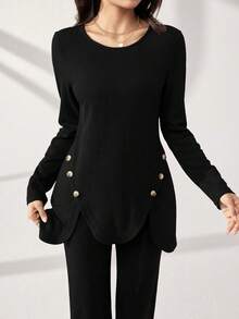 Graceveil 2pcs Women Sets: 1 Solid Color Button Decor Elegant Long Sleeve Top And 1 Flare Pants, Suitable For Autumn 2 Piece Set Modest - Black - View 2