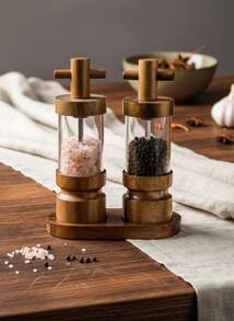 Cirelle 1/2/3 件红木手动黑胡椒研磨器配透明亚克力胡椒瓶，可调节粗细胡椒调味罐，Rama 厨房必备品，厨房使用，高端餐厅用品，乔迁礼物 - 棕色 - 查看 3