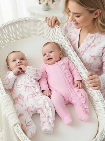 2pcs Newborn Baby Pink & White Butterfly Print Long Sleeve Footed Romper Pajamas Set