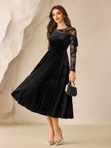 Modelyn Spitze Patchwork Samt elegantes Langarm Kleid, hochwertige formelle Robe für Frauen, Herbst/Winter