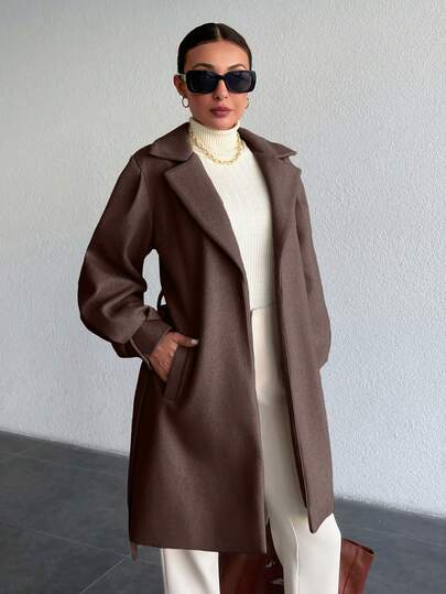 EURMUSE Lapel Neck Lantern Sleeve Belted Overcoat